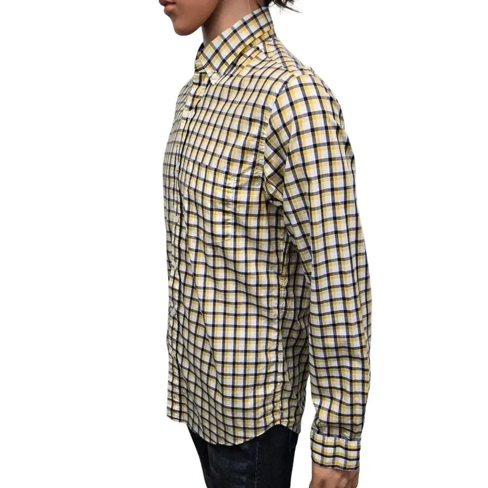 J. Crew NY Light Weight Shirt Men S Button Down Yellow Navy White Check Plaid